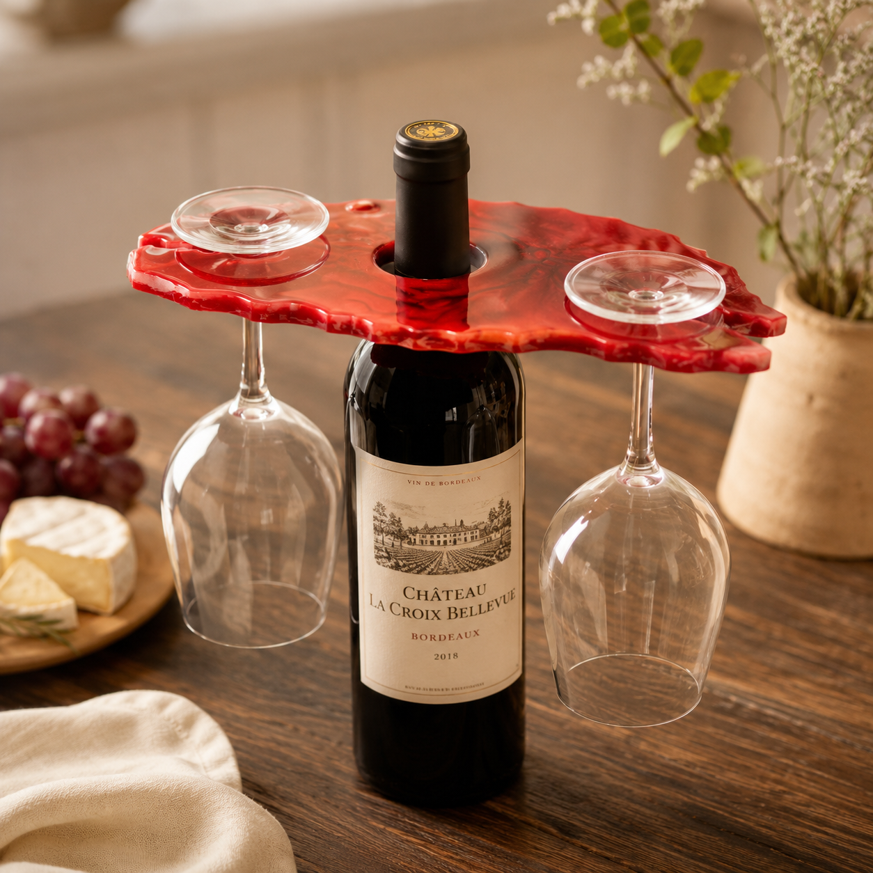 Handcrafted Red Resin Wine Glass Holder for 2 Glasses