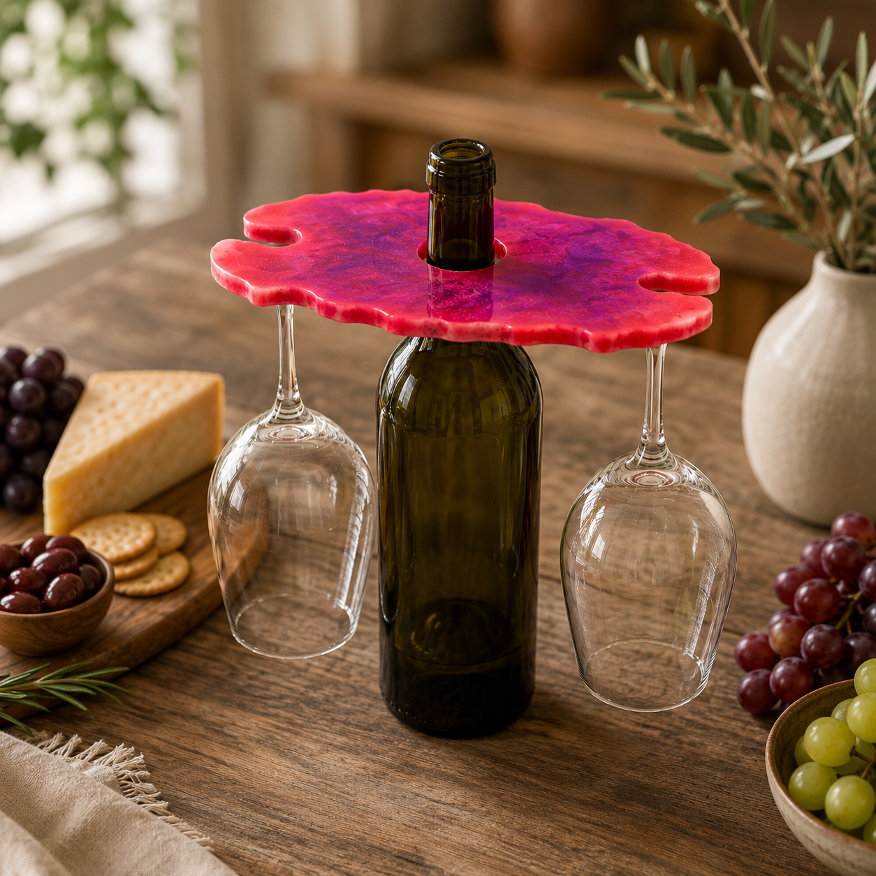 Handcrafted Pink & Purple Resin Wine Glass Holder for 2 Glasses