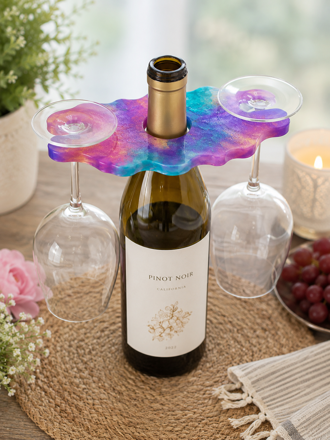 Handcrafted Teal, Purple & Gold Resin Wine Glass Holder for 2 Glasses