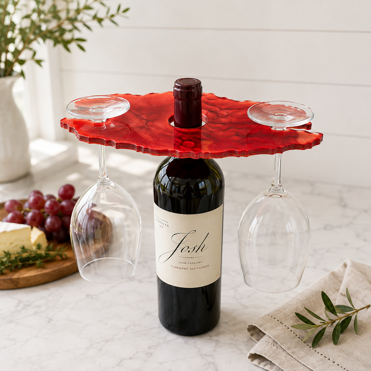 Handcrafted Red Resin Wine Glass Holder for 2 Glasses