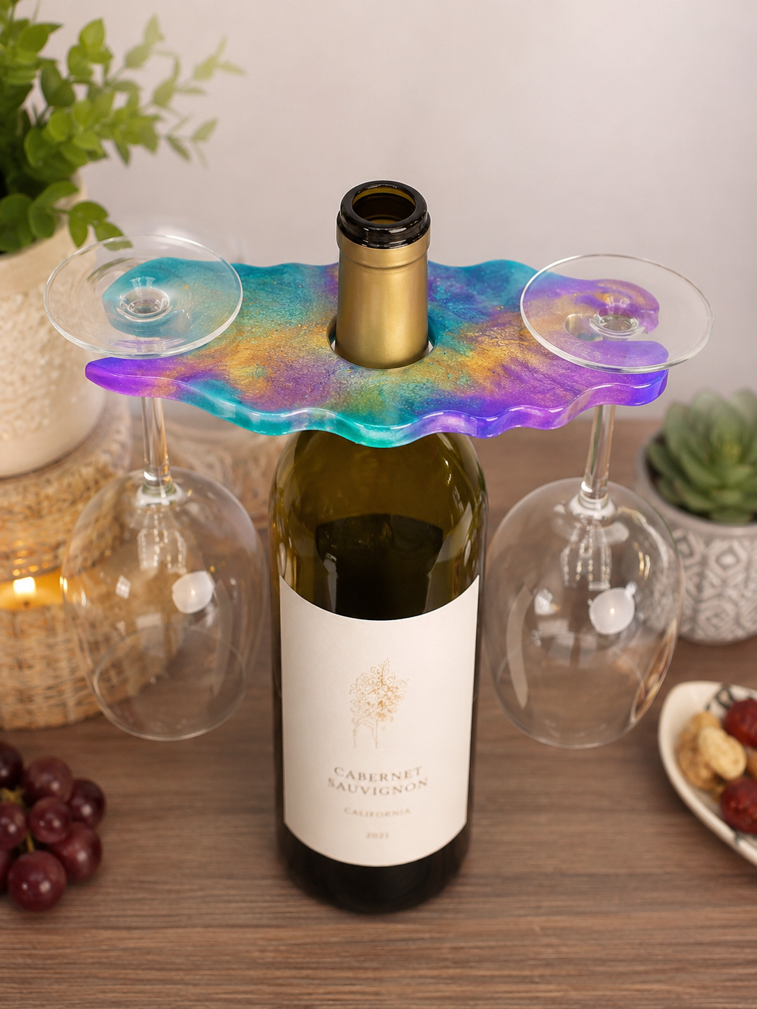 Handcrafted Teal, Purple & Gold Resin Wine Glass Holder for 2 Glasses